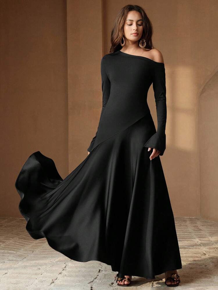 Anewsta Essential High-EndKnitted & Woven Patchwork Sexy Slim-Fit HighWaist Slash Shoulder Long Sleeve Dress InCoffee Color