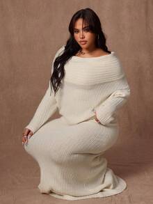 Rustia Off-Shoulder Knit Sweater + Ruffle Hem Mermaid Skirt, European And American Style, Casual Autumn/Winter Knit Maxi Skirt Set Cream Knit Maxi Skirt Set Knit Two Piece Set Cream Two Piece Set Off Shoulder Knit Set - Apricot - View 7