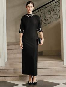 Anewsta Elegant Rhinestone Embellished Midi Dress, Suitable For Fall, Winter, New Year, Party, Wedding - Black - View 4