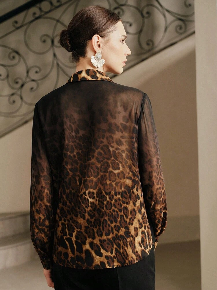 Autumn Semi-Sheer Ombre Leopard Print Patchwork Pearl Embroidery Long Sleeve Stand Collar Women Blouse