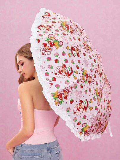 Strawberry Shortcake X SHEIN One Folding Umbrella With A Cute Strawberry And Character Print, Offering Sun Protection. Suitable For School, Work, Travel, And Everyday Use, It's Designed For College Students, High School Students, And Women. It Features Strawberries, Lace, Plaid, And Cats, Creating A Sweet And Elegant Look.,Gift Ideas