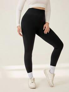 Auralis Mallas deportivas sin costuras de cintura alta para mujer talla grande, pantalones de yoga, pantalones de chándal, pantalones de chándal para mujer, pantalones de chándal para mujer, ropa deportiva de invierno para mujer - Negro - Ver 5