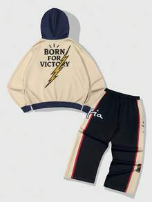 ROMWE MEN Men's Preppy Hoodie And Straight Leg Pants Set, Fall Clothes - Multicolor - View 2
