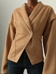 Lyxana Áo khoác nữ màu trơn bó eo, thích hợp khi đi làm - Màu Khaki - Xem 4