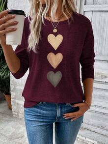 EMERY ROSE T-shirt à manches longues à col rond et épaules tombantes avec motif cœur, style décontracté et polyvalent pour femmes