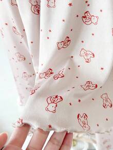 SHEIN 2 件套女童熊和星星图案长袖上衣和裤子休闲舒适睡衣套装 - 杏色 - 查看 6