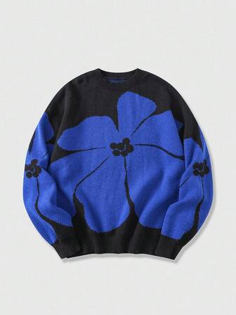 Street Life Suéter casual de punto jacquard con estampado floral, holgado, para hombre, otoño/invierno