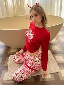 SHEIN 圣诞主题印花休闲女式睡衣套装，秋季服装圣诞睡衣女式睡衣套装，长袖红色上衣和裤子睡衣套装，冬季 - 紅色 - 查看 6