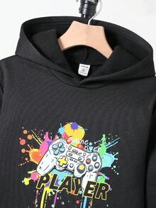 2 件套青少年男孩休闲游戏机图案连帽衫套装，适合休闲、上学和通勤 - 黑色 - 查看 5