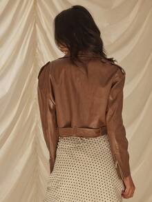 Aralina PU Faux Leather Moto Jacket Cropped Biker Jacket Edgy Streetwear Belted Outerwear - Mocha Brown - View 2
