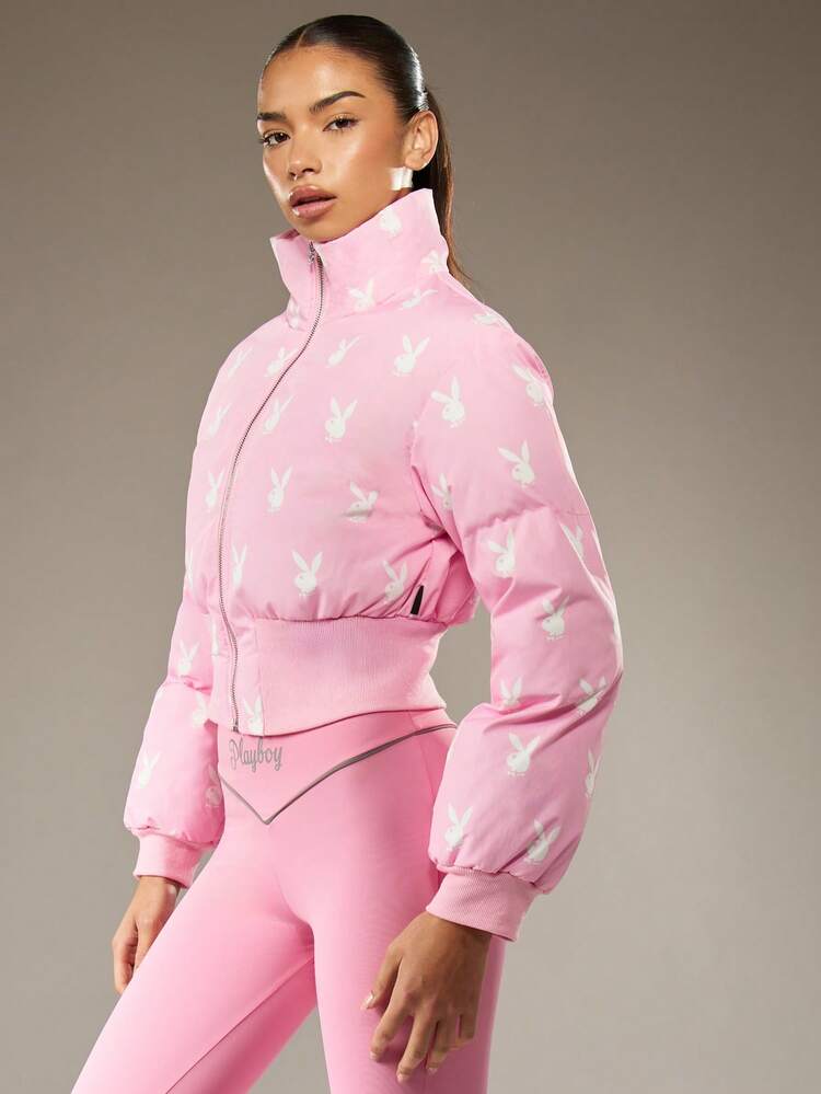 Missguided x Playboy Oversized Crop Puffer Jacket With Bunny Print And Ribbed Hem For Cold Weather Layering