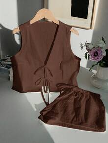 Comfortcana Bộ 2 áo thun không tay buộc dây màu trơn đơn giản dành cho nữ và quần short dây rút - màu nâu - Xem 3