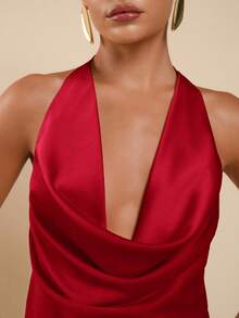 COSMINA Women's Solid Color Halter Backless Draped Sexy Camisole,Red Top - Burgundy - View 6