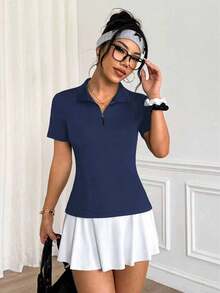 Easithlete Summer Casual Solid Color Short Sleeve Side Slit Sports Polo Shirt - Navy Blue - View 4