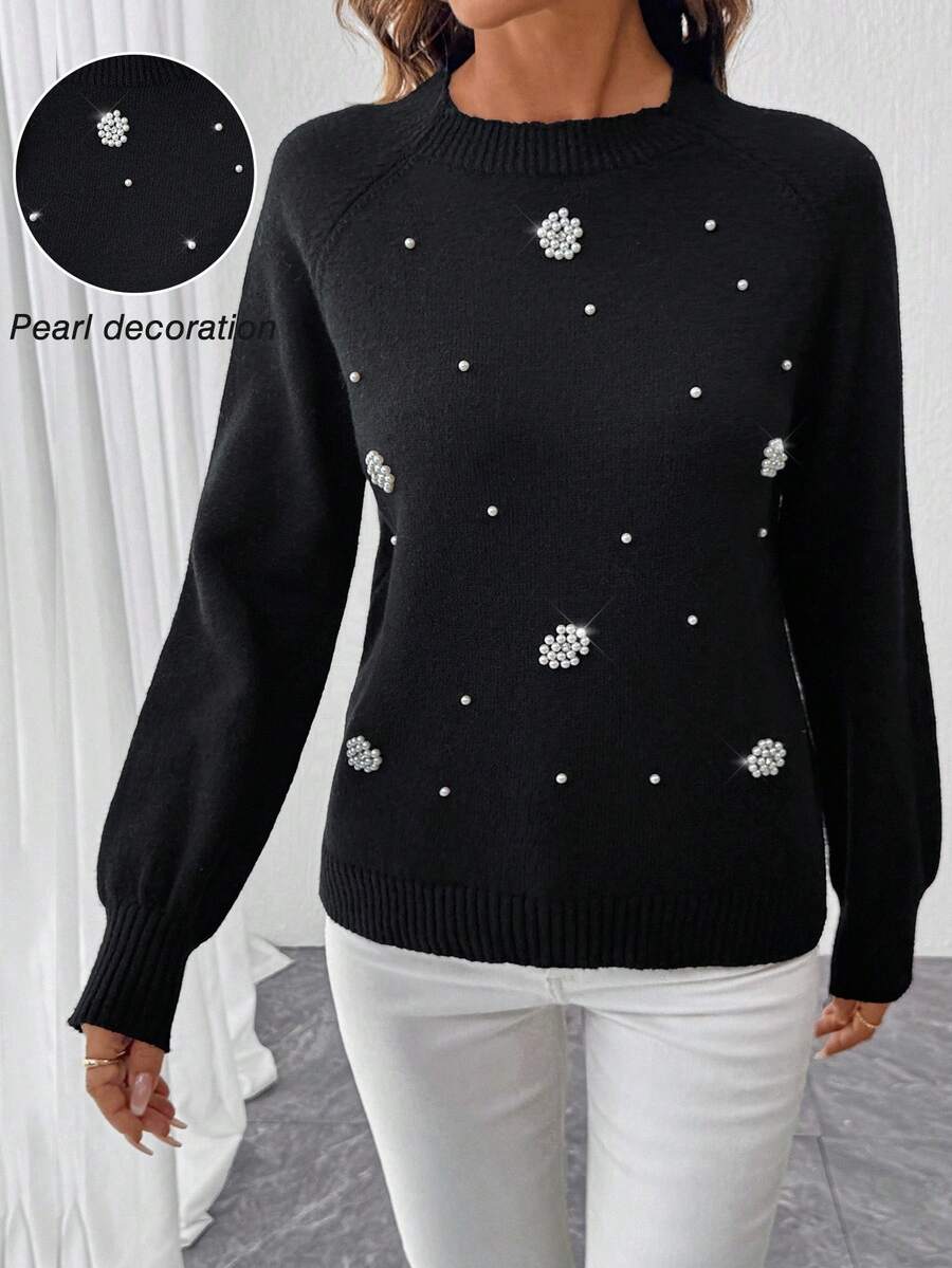 EMERY ROSE Floral Pattern Raglan Sleeve Sweater Fall Winter Cloth For Women - Black - View 1