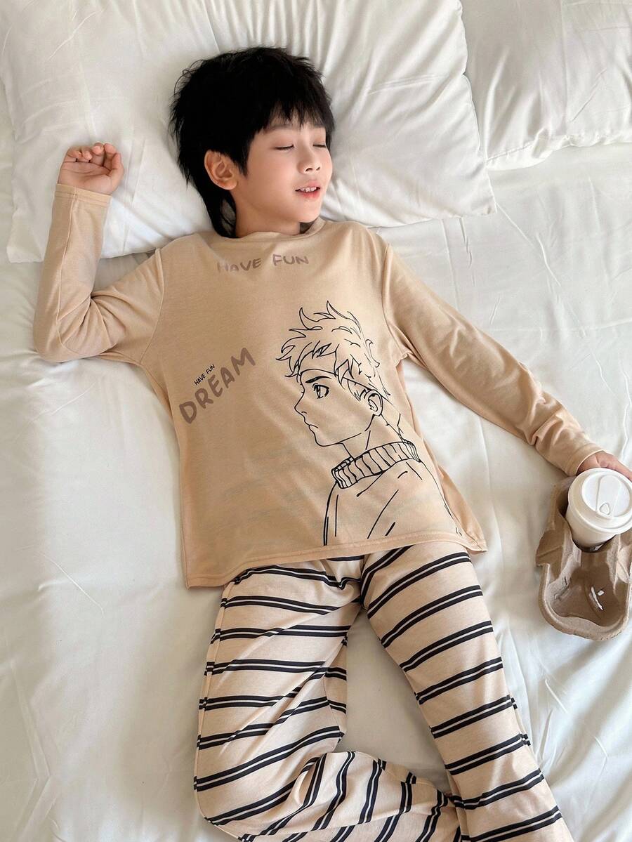 SHEIN 2pcs Tween Boy Casual Cartoon Graphic Round Neck Long Sleeve T-Shirt And Striped Loose Fit Straight Leg Pajama Pants Sleepwear Set - Khaki - View 1