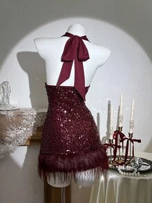 Elamini Women's Red Sequin & Feather Patchwork Halter Mini Dress, Suitable For Party And Holiday Events  Autumn/Winter Fashion. Perfect Red Dress For Holiday. - Burgundy - View 2