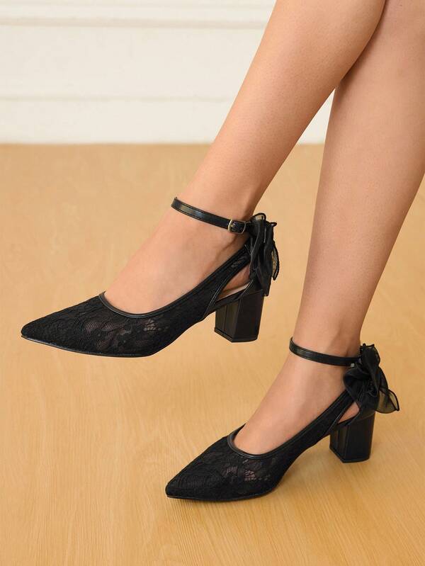 CUCCOO HITCHD Women's Floral Embroidered Lace Mesh Backless Bow Tie Pointed Toe Block Heel Romantic Gothic Elegant Black High Heel Pumps, Hollow Design, Suitable For Wedding, Formal Occasions, Christmas, Valentine's Day, Halloween