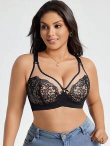 DesireSculpt 1件加大码蕾丝拼接无钢圈内衣文胸 - 黑色 - 查看 4
