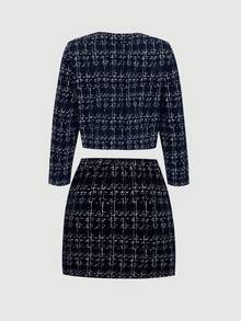 SHEIN 少女休闲简约舒适圆领开衫和裙子套装 - 藏蓝色 - 查看 2