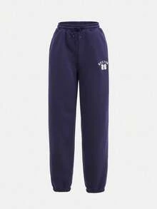 SHEIN Leap Crew Teen Girls Casual Loose V-Neck Pullover Hoodie & Printed Drawstring Waist Sweatpants 2-Piece Set, Autumn/Winter Fall - Navy Blue - View 11