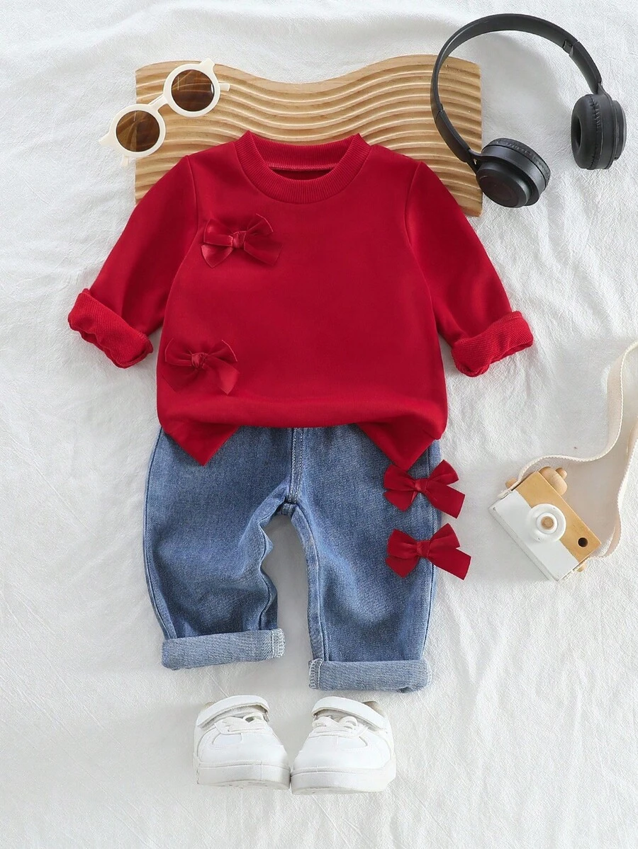 SHEIN Playful Pals Fashionable Regular Minimalist 3D Bow Crew Neck Long Sleeve Sweatshirt Top And Pants Set Fall Winter - Red - View 1