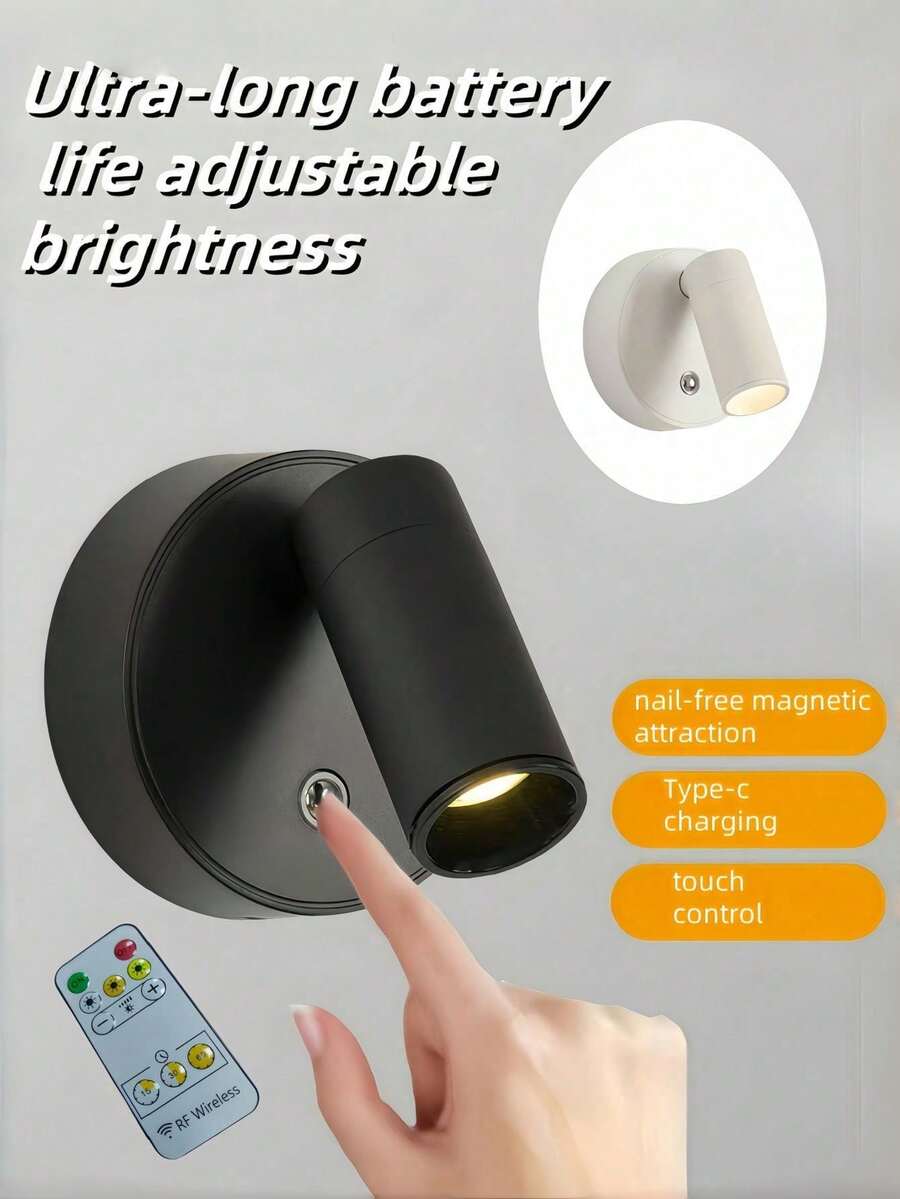 1/2pcs ABS/铝合金材质 遥控无线USB充电 持久耐用（内置18650-2000mAh超大容量电池）壁灯 无级三色触摸调光（带独立开关） 350°旋转 90°倾斜 无线磁吸床头阅读灯，适用于装饰画照明、树照明、展厅装饰