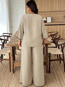 EMERY ROSE Plus Size Women's Contrast Color V-Neck Wrap Textured 2-Piece Set, Casual Autumn/Winter - Apricot - View 2