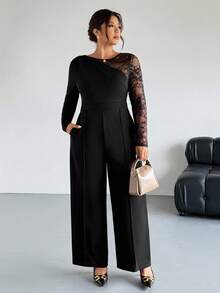 Firerie Plus Size Elegant Casual Commuter Professional Office Work Daily Vacation Sexy Party Business Lace Patchwork Long Sleeve Slim Straight Stretch Jumpsuit For Women Clothes For Women Spring - Black - View 3