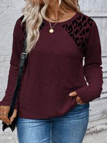 EMERY ROSE Camiseta de manga larga con cuello redondo y estampado de leopardo, talla grande, color burdeos, para otoño/invierno - Multicolor - Ver 4