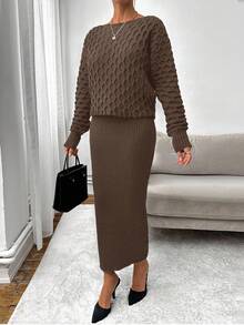 EURMUSE Women's Elegant Mermaid Knit Dress & Top Set - Camel - View 4