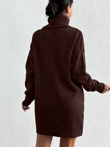 EURMUSE Women's Solid Color Turtleneck Casual Versatile Long Sleeve Sweater Dress - Coklat - View 2