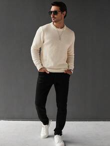 Manfinity Homme Pull col rond unicolore à manches longues pour hommes, pull casual. Pull en maille gaufrée pour l'automne/hiver, idéal pour les vacances - Beige - Voir 5