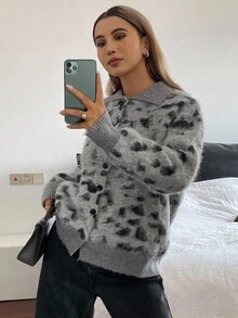 Livesso 女式豹纹长袖翻领宽松休闲开衫，秋季 - 灰色 - 查看 3