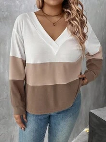 EMERY ROSE Camiseta de manga larga de talla grande para mujer con bloque de color, camiseta gráfica para otoño y primavera - Multicolor - Ver 4