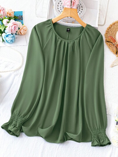 Plus Size Solid Color Round Neck Raglan Sleeve Casual Shirt, Autumn