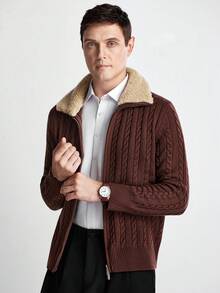 Manfinity CityGents Męski kardigan w stylu bloggera w bloki kolorów, prążkowany, z kołnierzem ze sztucznego futra, swobodny i uniwersalny, futrzany, jesienno-zimowy, z długim rękawem - Kawowy brązowy - Zobacz 4