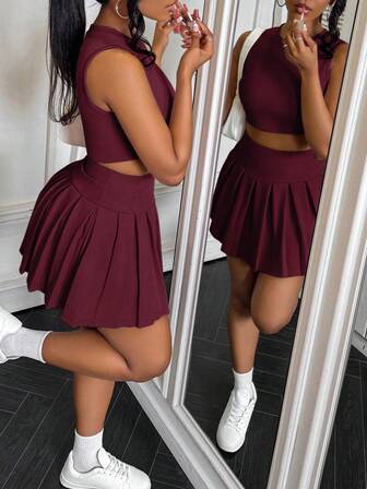 BamGleam Conjunto de 2 piezas de top corto de tirantes y falda mini plisada de unicolor para mujer, estilo de moda de verano