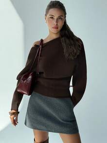 Aloruh New Sexy Bat Wing Sleeve Crew Neck Knit Sweater, Loose Top Tight Bottom Slimming, Versatile Retro Burgundy Pullover In Fall/Winter,Brown Sweater,Brown Top - Coffee Brown - View 5