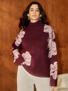 Anewsta 酒红色花卉浪漫优雅水钻装饰套头毛衣，适合通勤、狂欢节、情人节等场合。 - 酒紅色 - 查看 3