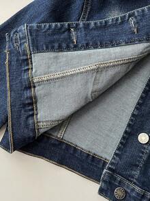 Elamini Women's Casual Fashion Street Snap Flap Pocket Cropped Denim Jacket, Spring/Autumn - Blue - View 8