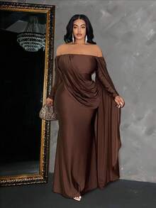 Maweii Plus Size Women's Solid Color Off Shoulder Long Sleeve Ruffle Tie Design Fitted Elegant Dress Fall - Brown - View 6