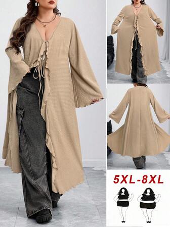 SHEIN CURVE+ Curves 加大码/学校服装/返校服装/返校大码女式 V 领系带前喇叭袖针织毛衣黑色女装前卫服装女式黑色上衣加大码黑色上衣 Curve 秋装，女式秋装女式秋装，冬季，CURVE PLUS