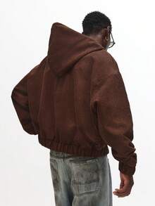 SUMWON Crop Fit Corduroy Full Zip Hoodie Vintage Classic Winter Jacket With Centre Pockets And Drawstring Hood Plain - Brown - View 2