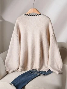 CosyJoli 大码女式休闲宽松针织开衫，前系带，长袖，秋冬 - 杏色 - 查看 2