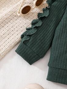 SHEIN Playful Pals 2pcs/Set Baby Girls Autumn New Ribbed Fabric Round Neck Long Sleeve Ruffle Trim Front Heart Print Casual Long Pants Simple Cute Homewear Matching Set - Multicolor - View 4