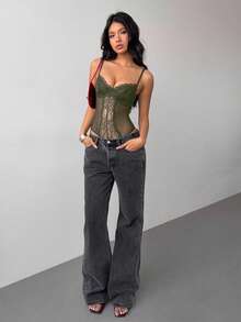 Aloruh 女士性感优雅蕾丝拼布文胸 - 軍綠色 - 查看 6