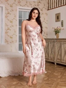 FloralLove Bộ đồ ngủ hai dây phối ren họa tiết hoa và áo choàng bằng vải satin Bộ đồ ngủ Bộ đồ ngủ cho nữ Bộ đồ lót Áo choàng Bộ đồ ngủ cỡ lớn, Mùa đông - Nhiều màu - Xem 3