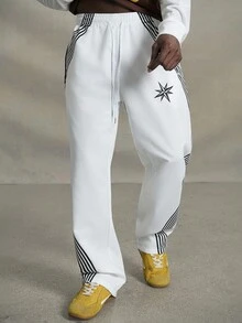 PAVTROS Men's Contrast Stripe Drawstring Pocket Casual Versatile Pants, Going Out Long Straight Leg Pants, For Husband, Boyfriend Gifts, For Back To School - White - View 3