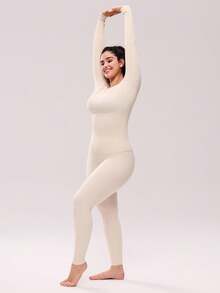 LUVLETTE Plus 女士保暖内衣超柔软底层寒冷天气保暖冬季睡衣套装圆领上衣和长裤 - 米色轻盈保暖套装 - 米色 - 查看 7